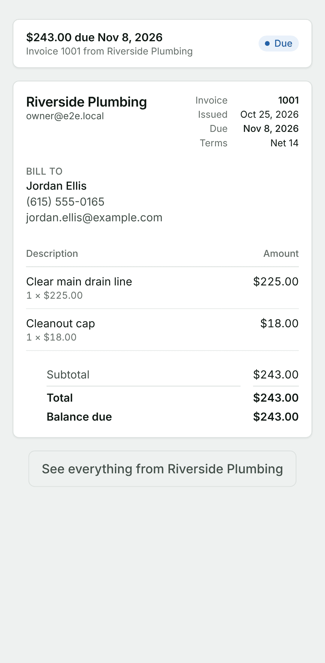 The invoice, from its link, on a phone