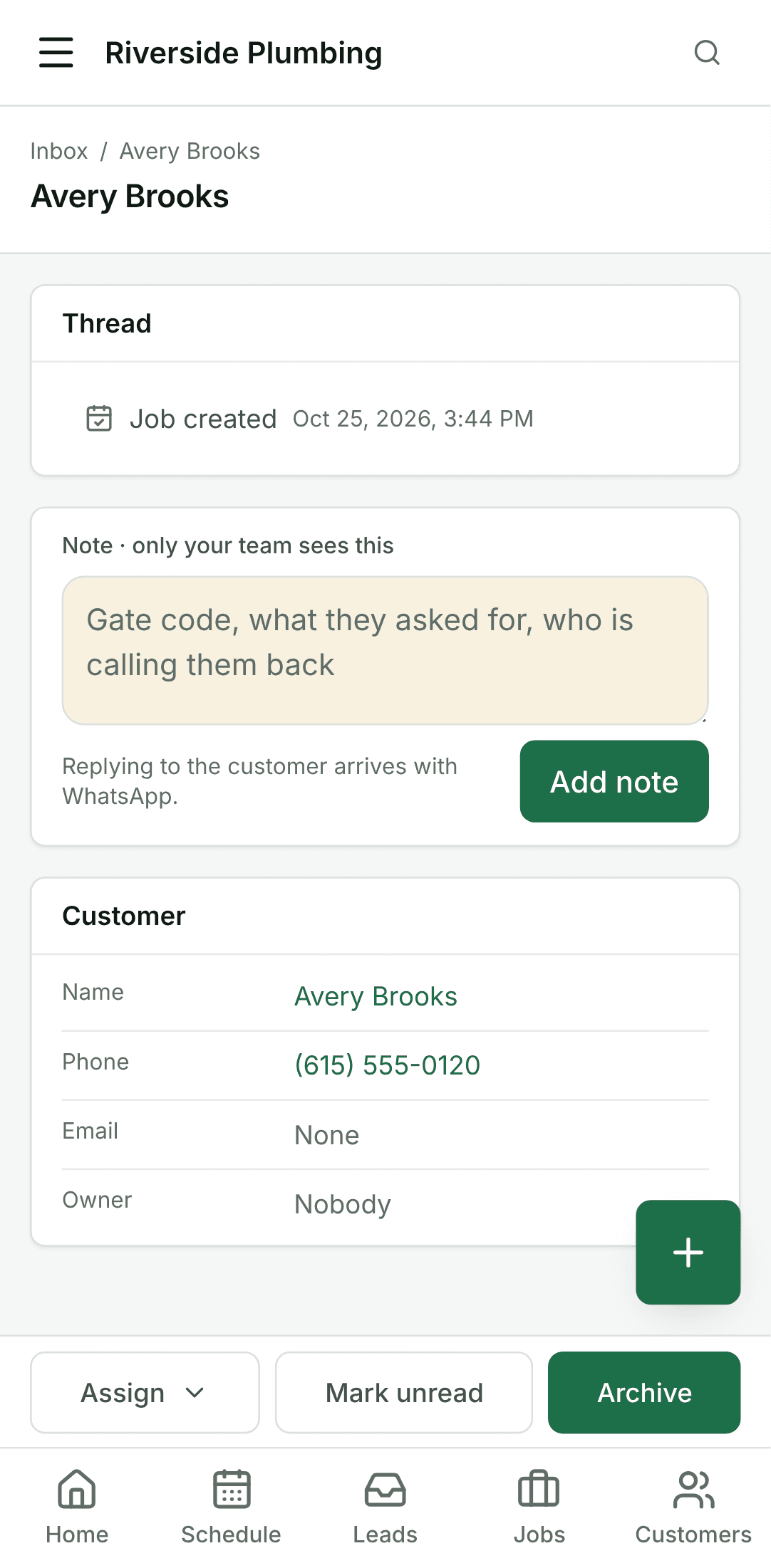 Open the customer's thread, on a phone