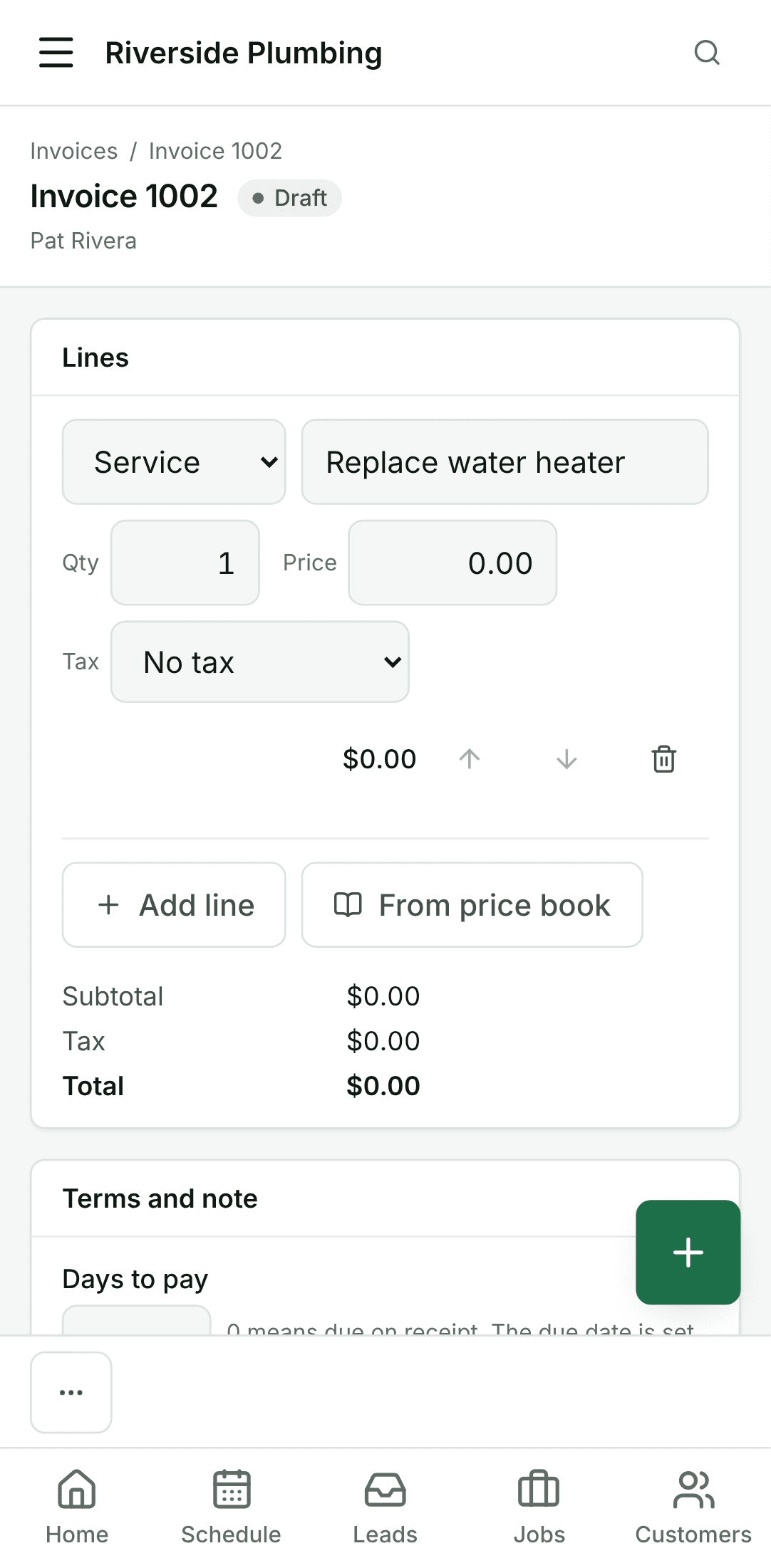 Start the invoice, on a phone