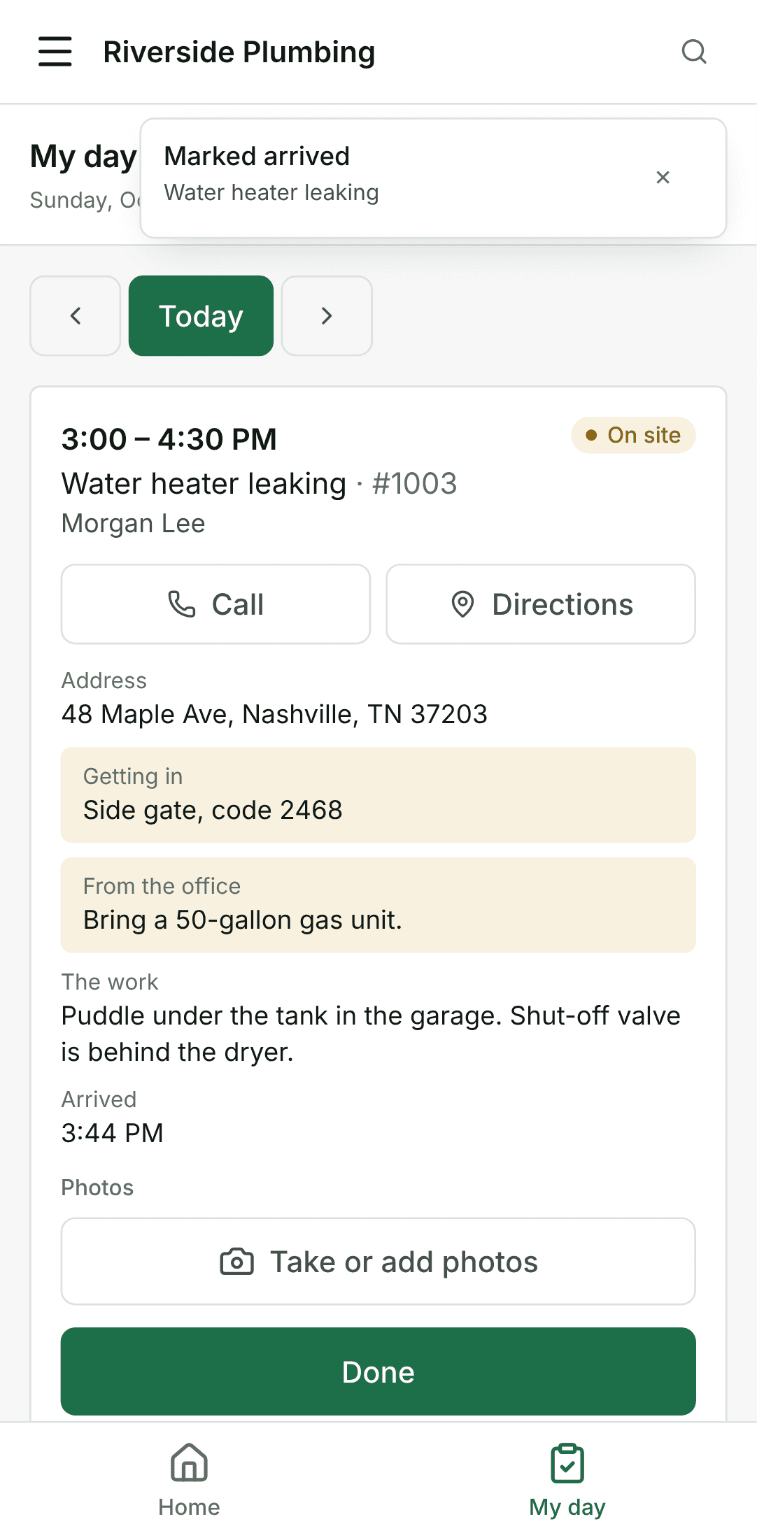 Tell the office you have arrived, on a phone